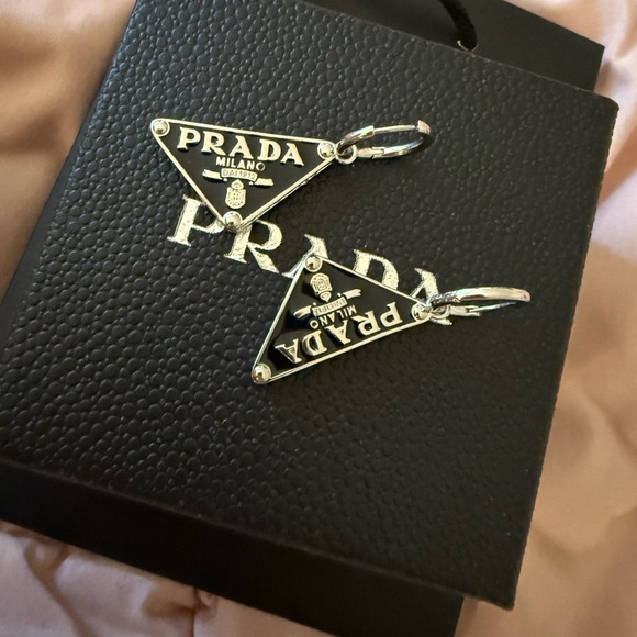 Prada Black and Silver Logo Earrings - Picture 1 of 5